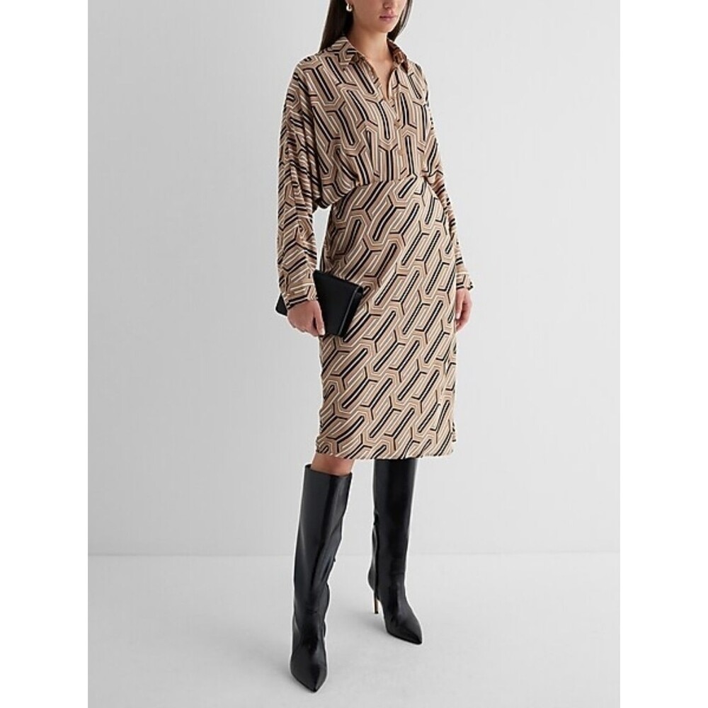 Express Printed Half Button Up Midi Portofino Shirt Dress Size Small